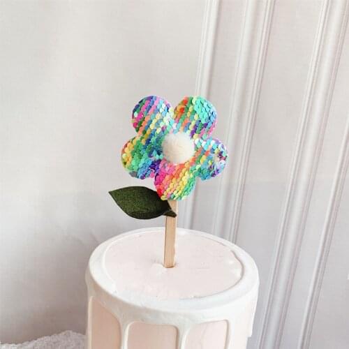 Flowers Happy Birthday Cake Topper Cute Glitter Sequins Wedding Cupcake Topper For Baby Shower Birthday Party Cake Decorations
