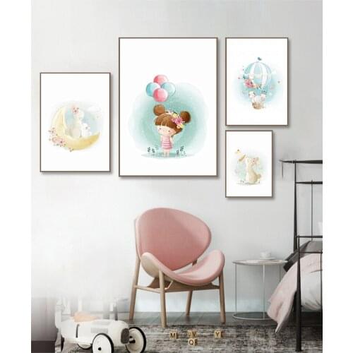 Nursery Girl Room Decor Wall Art Canvas Painting Cartoon Flowers Animal Cub Fox Nordic Poster and Prints Kids Room Pictures