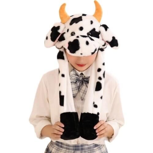 Kids Cute Milk Cow Animal Plush Hat with Moving Ears Winter Fluffy Warm Stuffed Beanie Earflap Cap Scarf Cosplay Props