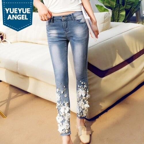 Designer New Rhinestone Diamond Jeans Femme Embroidery Denim Stretch Pencil Pants Retro Casual Slim Fit Trousers Plus Size 32