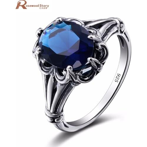 Edward Antique Jewelry Created Sapphire Stone Ring 925 Sterling Silver Women Vintage Ring Hollow Out Engraved Flower Jewelry