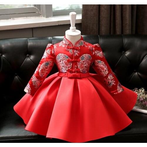 Red Girl Chinese-style Cheongsam Birthday Party Dress Girls Dresses Wedding Formal Kids Dresses Embroidery Girls Clothes 1-6Y