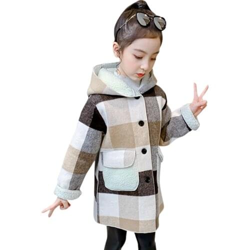 Girls Long Jacket Plaid Pattern Coat For Girls Hooded Childrens' Jacket Autumn Winter Childrens Winter Clothes 6 8 10 12 14