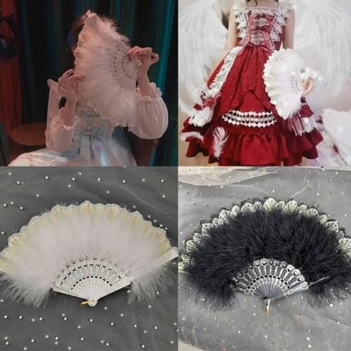 Lolita Feather Folding Fan Japanese Fairy Girl Dark Gothic Court Dance Hand Fan Art Craft Gift Wedding Home Decoration