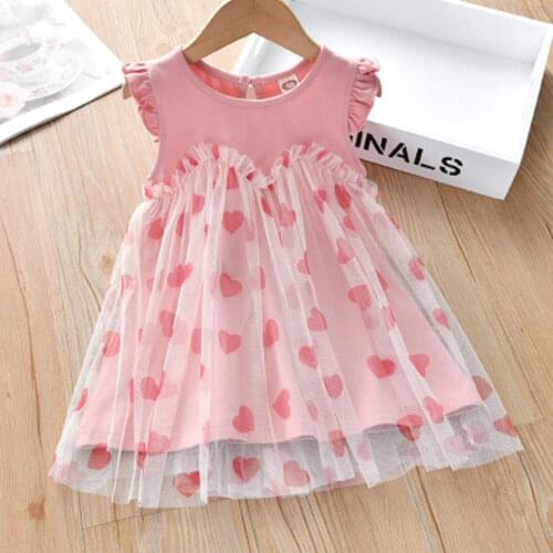 Lovely Kid Girls Dress Heart Print Round Neck Sleeveless One-Piece Ruffled Sundress for Summer
