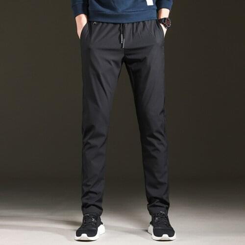 Mens casual pants fitness slim polyester blends long trousers plus size 2019 fall elastic waist grey black young slacks