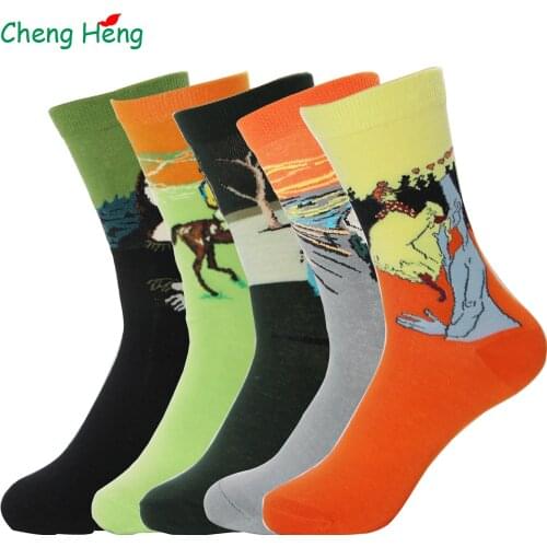 Cheng Heng 5 Pairs/Bag Summer Autumn Retro Literary Revival Oil Painting Socks Horse pattern Socks Mens Middle Tube Socks