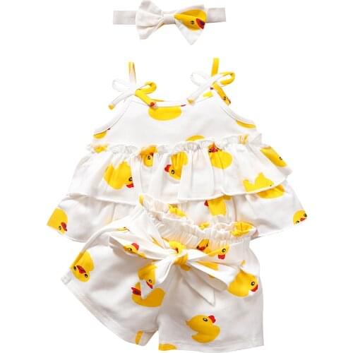 New Baby Camisole + Shorts, Duckling Print, Ruffle Bow Decoration CoolingSummer Clothing