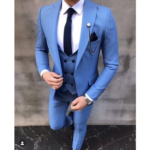 Costume Homme Blue Groom Tuxedos Peak Lapel Groomsman Wedding Men Prom Blazer Terno Masculino 3 Pieces (Jacket+Pants+Vest)