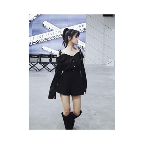 New Spring Autumn Streetwear Hot Girl Black Fashion Temperament Suspender Shirt Lace Up Off Shoulder Long Sleeve Shirt