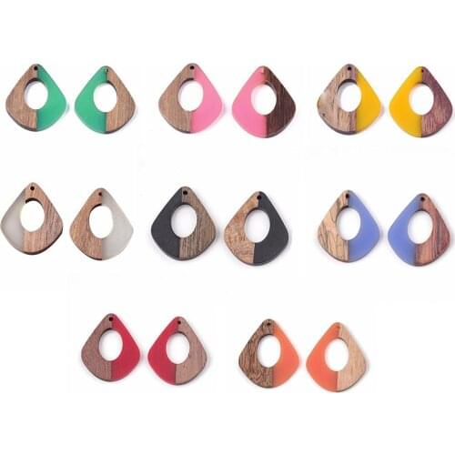 50pcs Resin & Wood Pendants Two Tone teardrop Mixed Color 32.5x27.5x2.5~4mm Hole 1.5mm