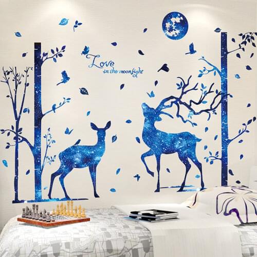 [SHIJUEHEZI] Blue Deer Animal Wall Stickers DIY Cartoon Moon Trees Mural Decals for Kids Bedroom Baby Room Nursery Decoration