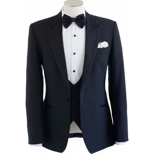 Navy Blue Business Men Suits One Button Peaked Lapel Wedding Tuxedos for Groom Three Piece Suit (Jacket + Vest + Pants)