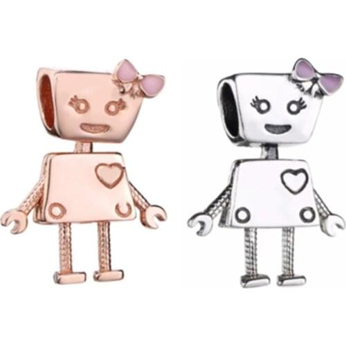 2018 Spring New 925 Sterling Silver Bella Robot Charm Pink Enamel Bead Fits Europe Bracelet DIY for Women DIY Jewelry