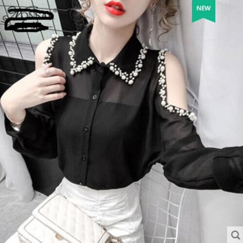 2021 Loose Long Sleeve Beaded Chiffon Shirt for Women Blouse Women Blusas Ropa De Mujer