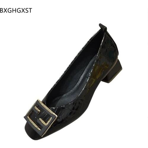 Black Patent Leather Shoes Women Square Toe Heels Low Heels Shoes for Women 2021 Block Heels Slip on Shoes Woman Chaussure Femme