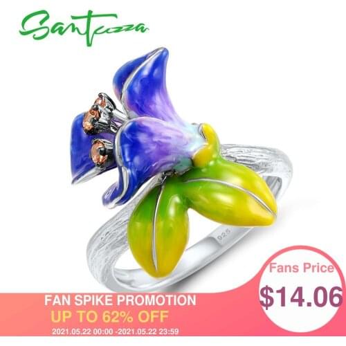 SANTUZZA Silver Rings For Women 925 Sterling Silver morning glory Flower Cubic Zirconia Ringen Party Jewelry Handmade Enamel