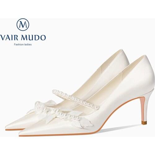 VAIR MUDO 2021 Womens Pumps Shoes High Heels Silk Romantic Wedding Shoes With Luminous Pointed Toe White Fashion Shoe Women 020