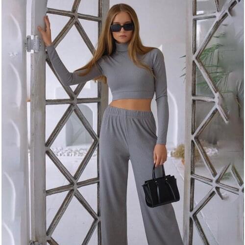 2 PCS Knitting Womens Autumn Pantsuits Long Sleeve Tops +High Waist Pants Plus Size High Clloar Sexy Straight Outsuit Pants Set