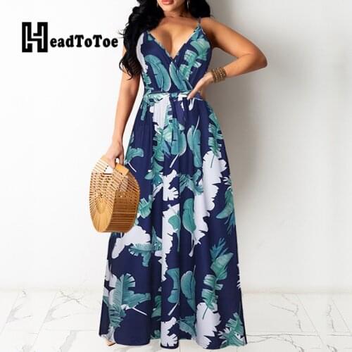 Floral Print Sexy V Neck Spaghetti Strap Maxi Dress Women Casual Loose Summer Dress
