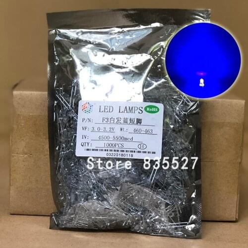 1000PCS/LOT F3 3MM Round Transparent Shell Blue LED Light-emitting Diodes Water Clear For DIY Light lamp beads DIP