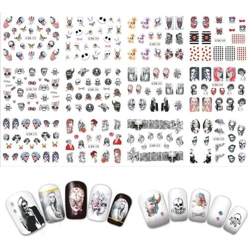 12pcs Halloween Cute Skull DIY Sticker Water Transfer Nail Art Stickers Nails Decals Manicure Labels BN193-204
