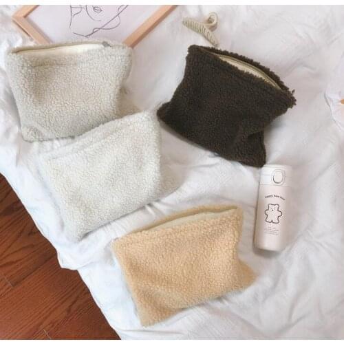 3pcs Women Solid Retro Warm Lambswool Large Capacity Square Cosmetic Bag Winter Mix Color