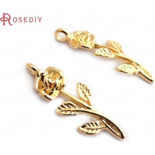 34854)10PCS 22x7MM 24K Gold Color Brass Rose Flower Charms Pendants High Quality Diy Accessories Jewelry Findings