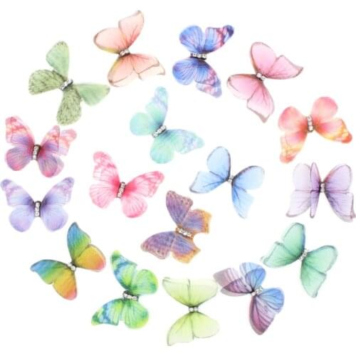 50Pcs Gradient Color Organza Fabric Butterfly Appliques 38Mm Translucent Chiffon Butterfly for Party Decor, Doll Embellishment