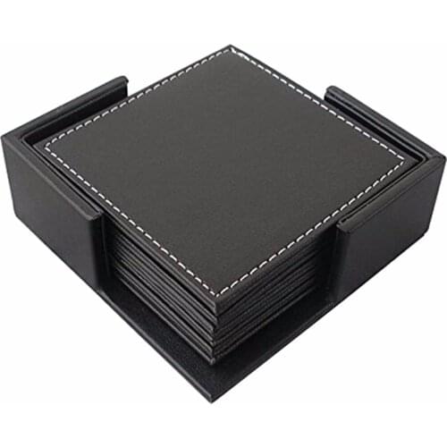 6pcs/set Double-deck square Leather Coasters Set Placemat of Cup with Coaster Holder Coffee Drink Placemat Simple Style Hot Sale