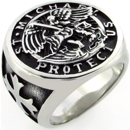 Free Shipping Vintage 316L Stainless Steel Archangel ST.MICHAEL PROTECT US Rings Talisman Religious Legend Cross Ring Jewelry