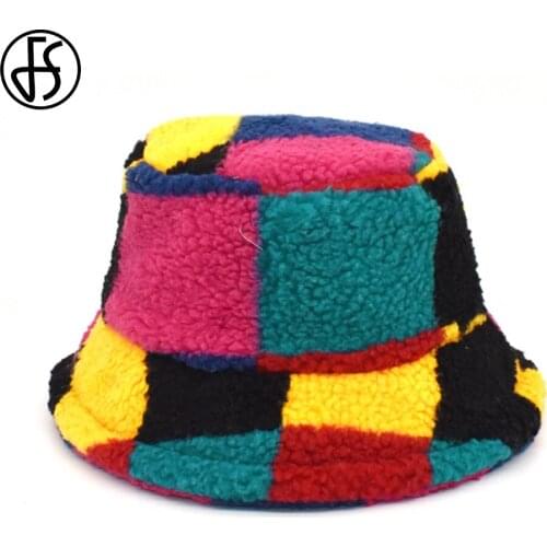 FS New Autumn Winter Warm Plaid Wool Hat Fashion Red Yellow Blue Green Color Matching Lambswool Bucket Hat Thick Hip Hop Caps