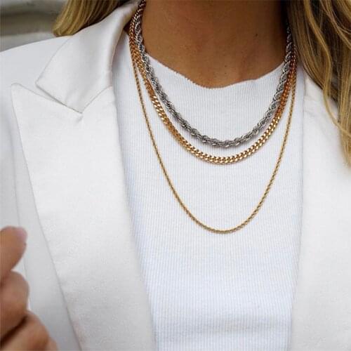 2Pcs Steampunk Gold Color Cuban Necklaces for Women Metal Twisted Rope Chain Collar MultiLayer Minimalist Necklace Party Jewelry