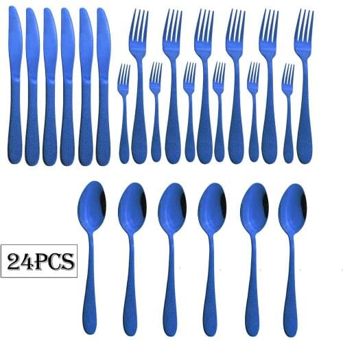 Blue Cutlery Set Knife Fork Spoon Tableware Set Stainless Steel Dinnerware Set Dessert Cake Fruit Fork Kitchen Silverware 24Pcs