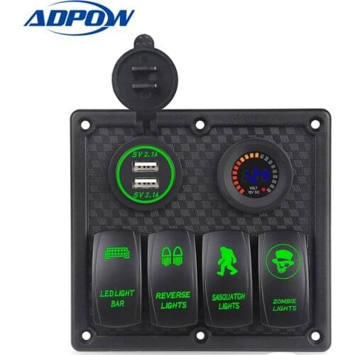 Marine Boat Switch Panel 4 Gang with Voltmeter Socket 4.2A Dual USB Charger Car LED light On/Off Rocker Switch Panel Car Boat