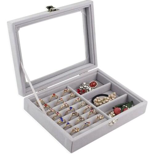 Transparent Velvet Jewelry Box Earring Ring Necklace Storage Store Cabinet Display Holder