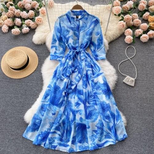 SINGREINY Women Retro Print Dress Half Sleeve Turndown-Collar Sashes A-line Dresses 2021 Autumn Boho Casual Vacation Long Dress