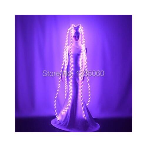 Party wears long dress dj ds show outfits singer performance clothe RGB colorful led costume luminous glowing skirt hairs dj
