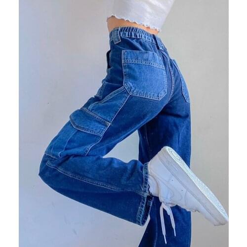 Harajuku Korean Y2K Wide Leg Baggy Jeans Womens 90s Patchwork Big Pockets Baggy Jeans Vintage Streetwear High Waisted Pants