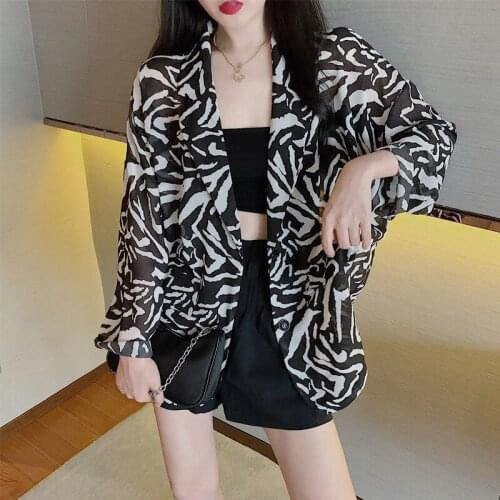 Spring Summer Women Fashion Zebra Pattern Print Perspective Blazer Turn-down Collar Long Sleeve Loose Sun Protection Jacket X249