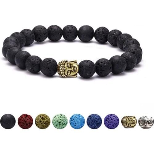 7 color Volcanic Lava Stone Buddha Head Elastic Bracelet Men Women Charm Prayer Black Beads Chakra Bracelets Bangles Jewellery