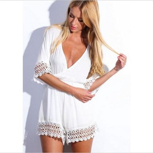 New Arrival Short Sleeve Lace Romper 3S2386 White V Neck Jumpsuit Free Shipping Womens Deep V Neck Rompers Womens Jumpsuit