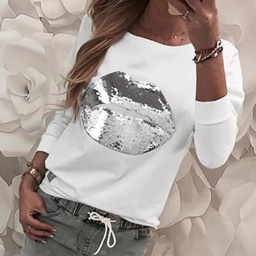 Sequin Sweatshirt Women Shining Lips Printed White Pullover Long Sleeve O Neck Loose Basic Top Women Sweatshirts Sudadera Mujer
