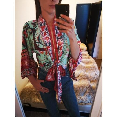 Boho Vintage Floral Print Sashes short Kimono Women New Fashion V Neck batwing Sleeves Ladies Blouses Casual Blusas