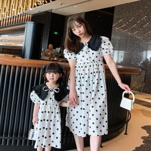 2021 Hot Sale New Summer Family Matching Dress Dot Peter Pan Collar Short Sleeves Dress Sundress Mum Daughter Matches Suit E3057