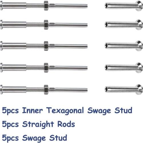 5pairs 316 Stainless Steel Grade Cable Railing Threaded Stud Tensioner Receiver & Flat Head Stemball Terminal for 1/8" Wire Rope
