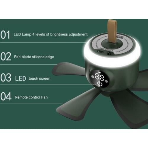 8000mAh USB Rechargeable Remote Control Timing Camping Fan 4 Gears Tent Ceiling Fan with LED Lamp for Home Outdoor Bed