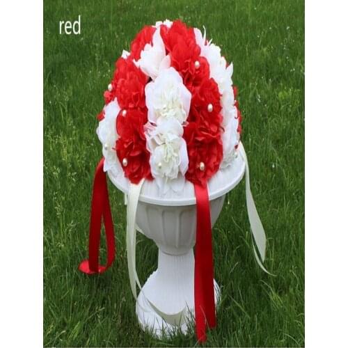 32 CM Big Size Wedding Decoration Bouquet Roman Column Lead Dahlia Flower Kissing Ball with Pearl and Ribbon 12 colors Available