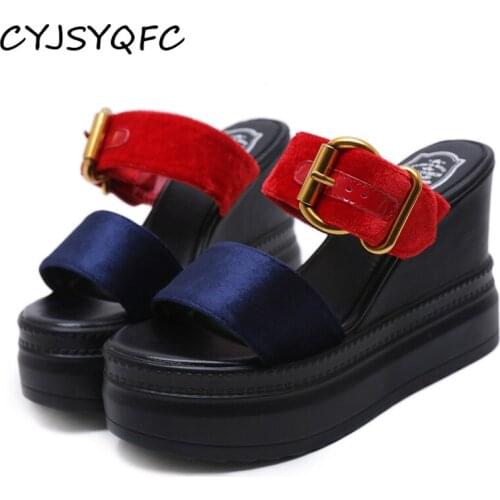 CYJSYQFC Newest Peep Toe Platform Wedges Sandals Sexy Buckle Strap Height Increasing Lady Slippers Summer Outdoor Casual Slides