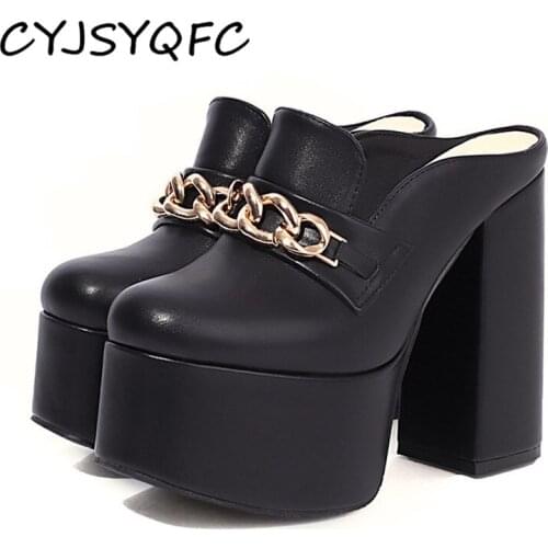 CYJSYQFC Metal Chain Decoration Platform Women Sandals Sexy Street Style Thick Bottom Super Square Heels Slingback Ladies Shoes